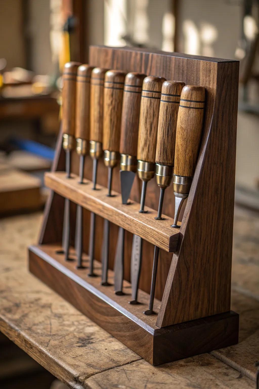 Elevate your workspace with this elegant vertical tool rack, where craftsmanship meets functionality.