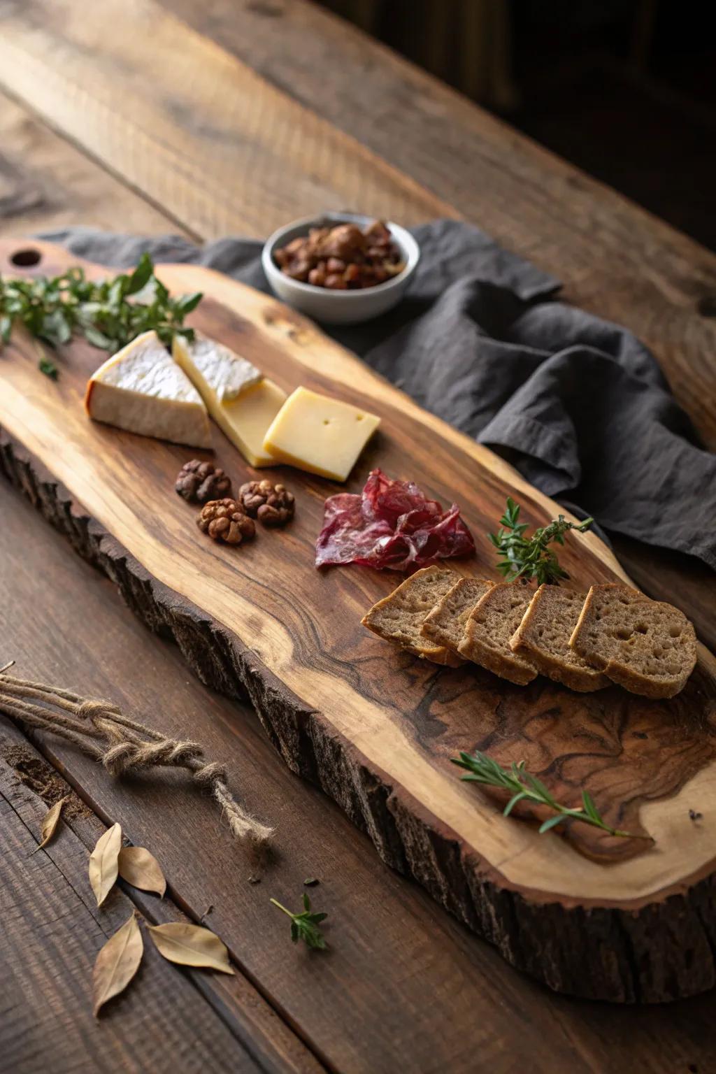 Embrace nature's artistry with this stunning live edge walnut charcuterie board. A true centerpiece for any gathering.