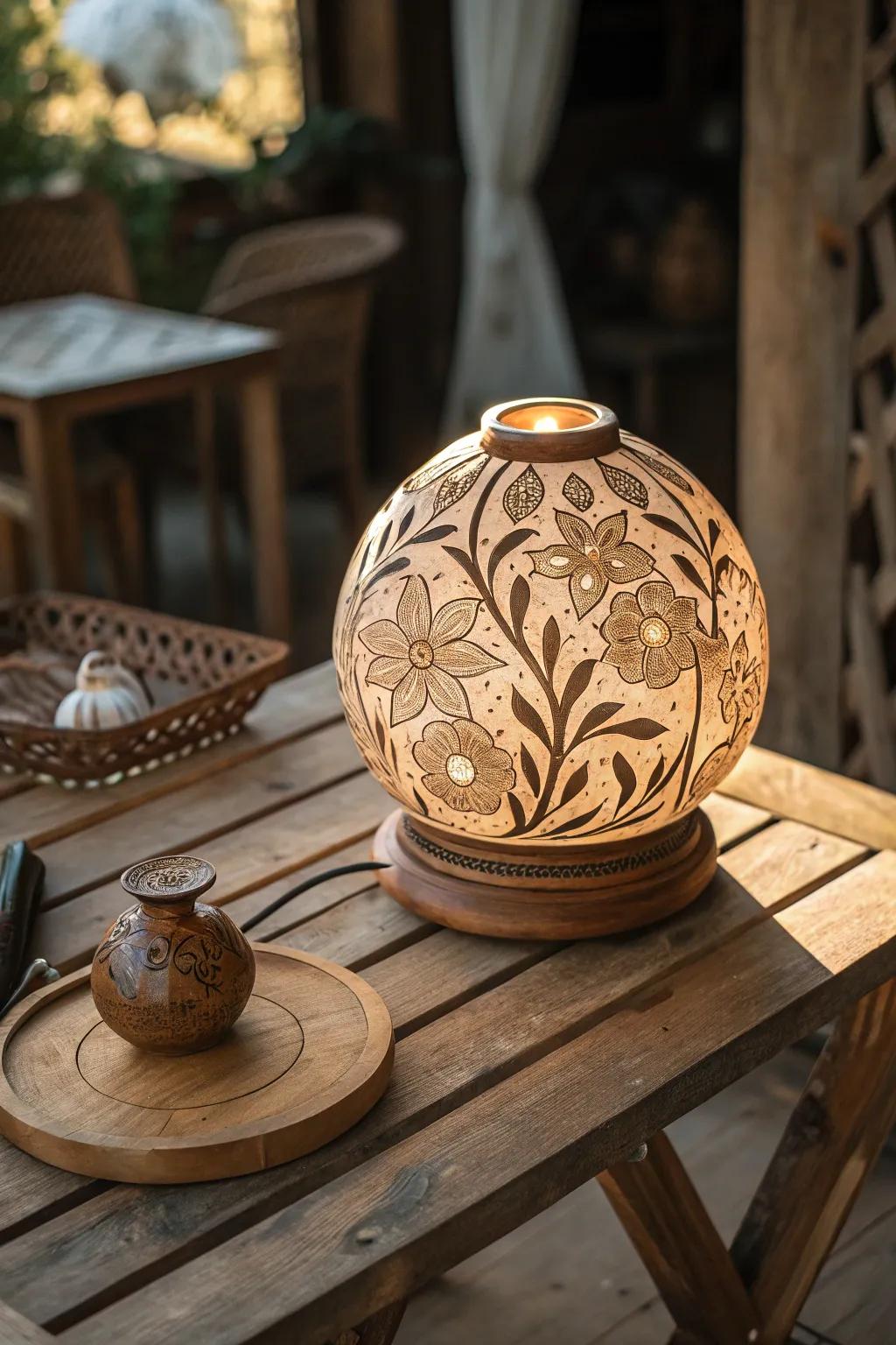 Illuminate your space with the artistry of engraved wooden lamps.