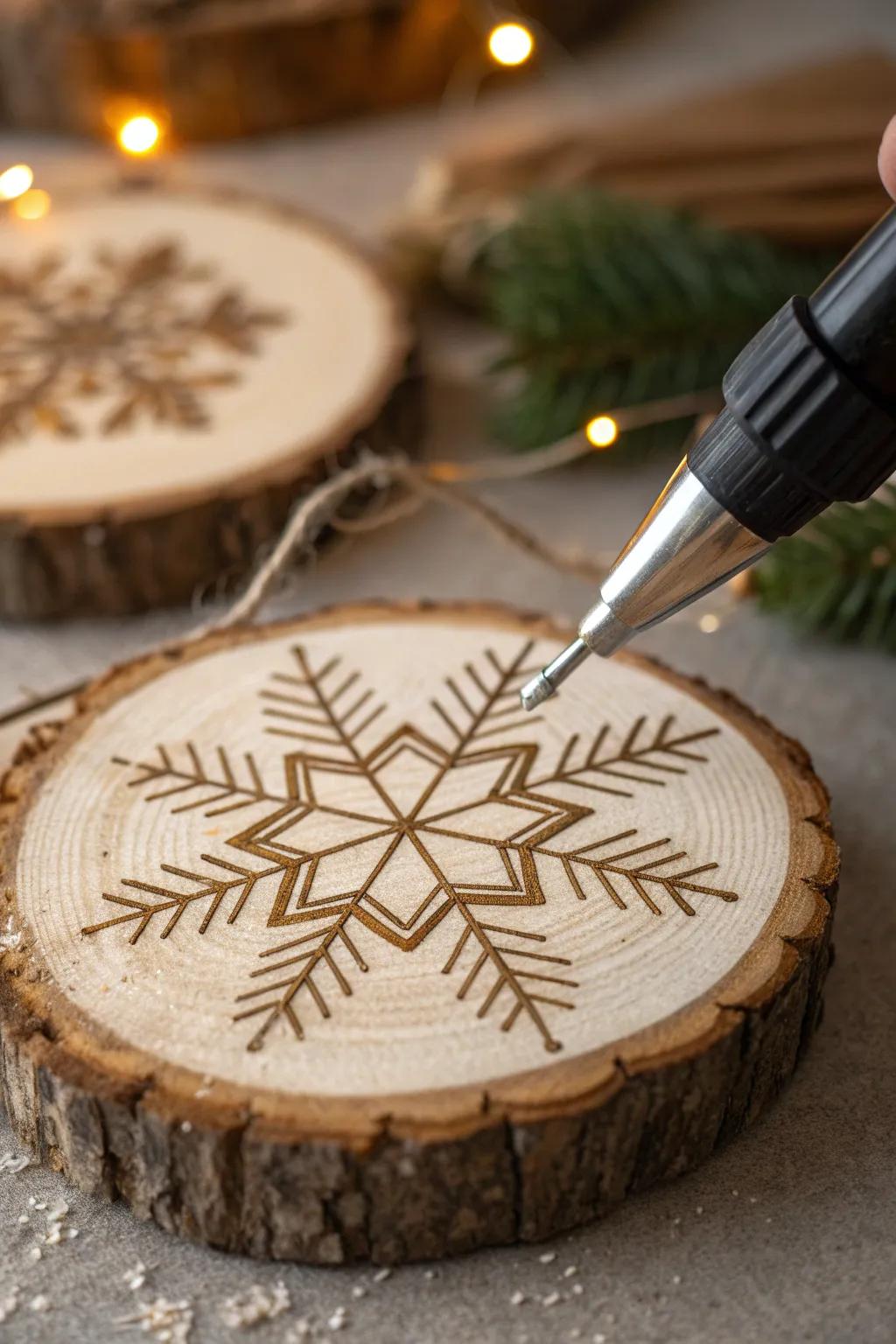 Intricate snowflake design on natural wood - where craftsmanship meets nature's beauty.