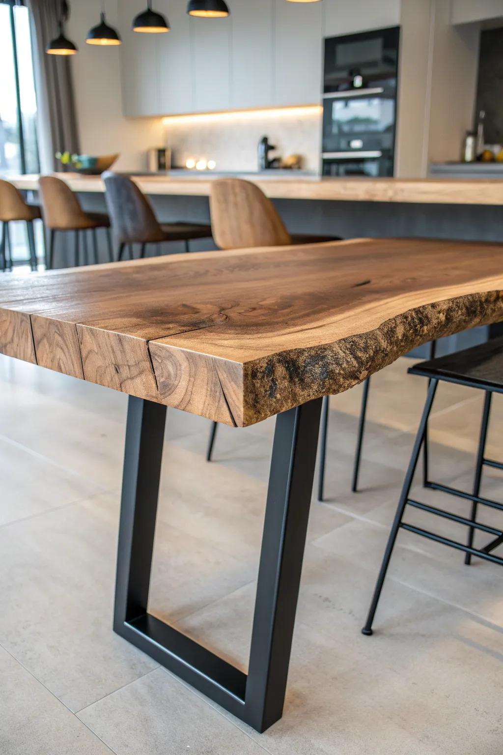 Discover the perfect fusion of nature and modern design with sleek metal legs and a stunning wood slab top.