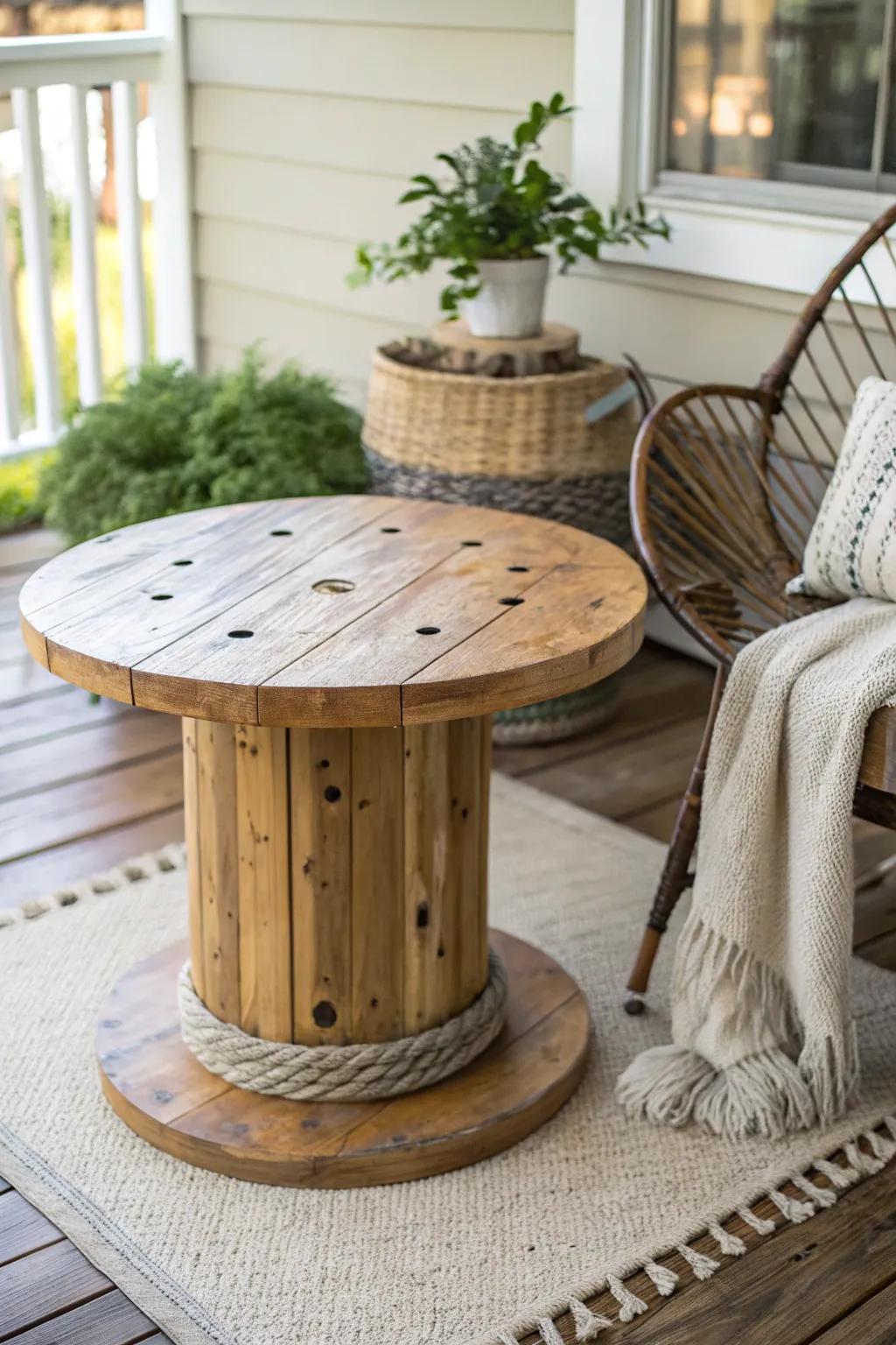Elevate your outdoor space with a charming wooden spool coffee table, where rustic meets elegance.