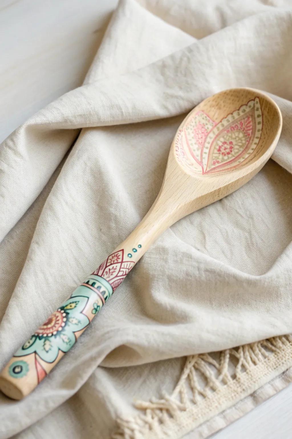 Transform simple wooden spoons into charming kitchen art with a touch of color and creativity.