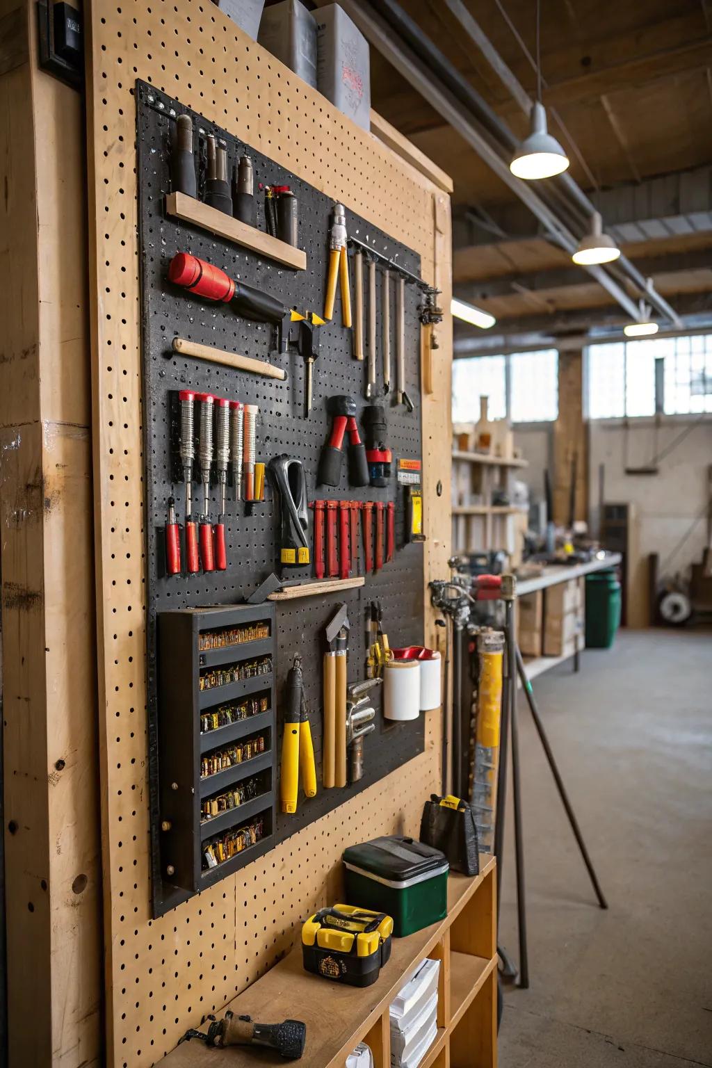 Pegboards offer a highly customizable storage solution for workshop essentials.