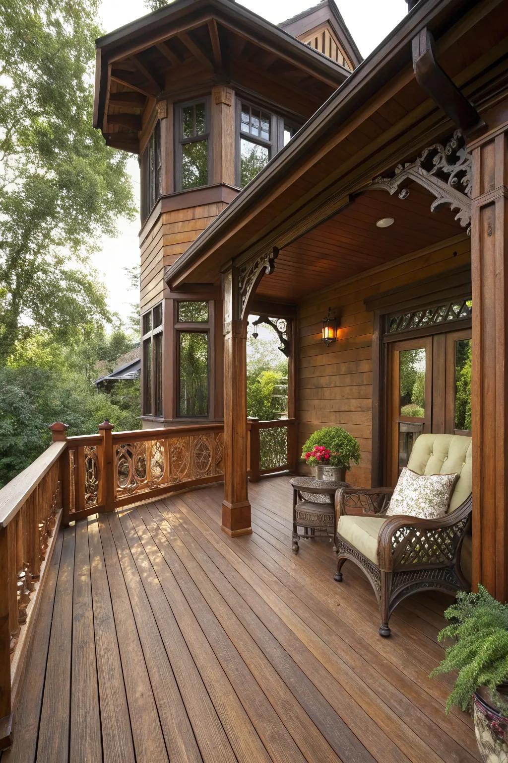 Experience timeless elegance with this L-shaped wrap-around deck, where craftsmanship meets comfort.