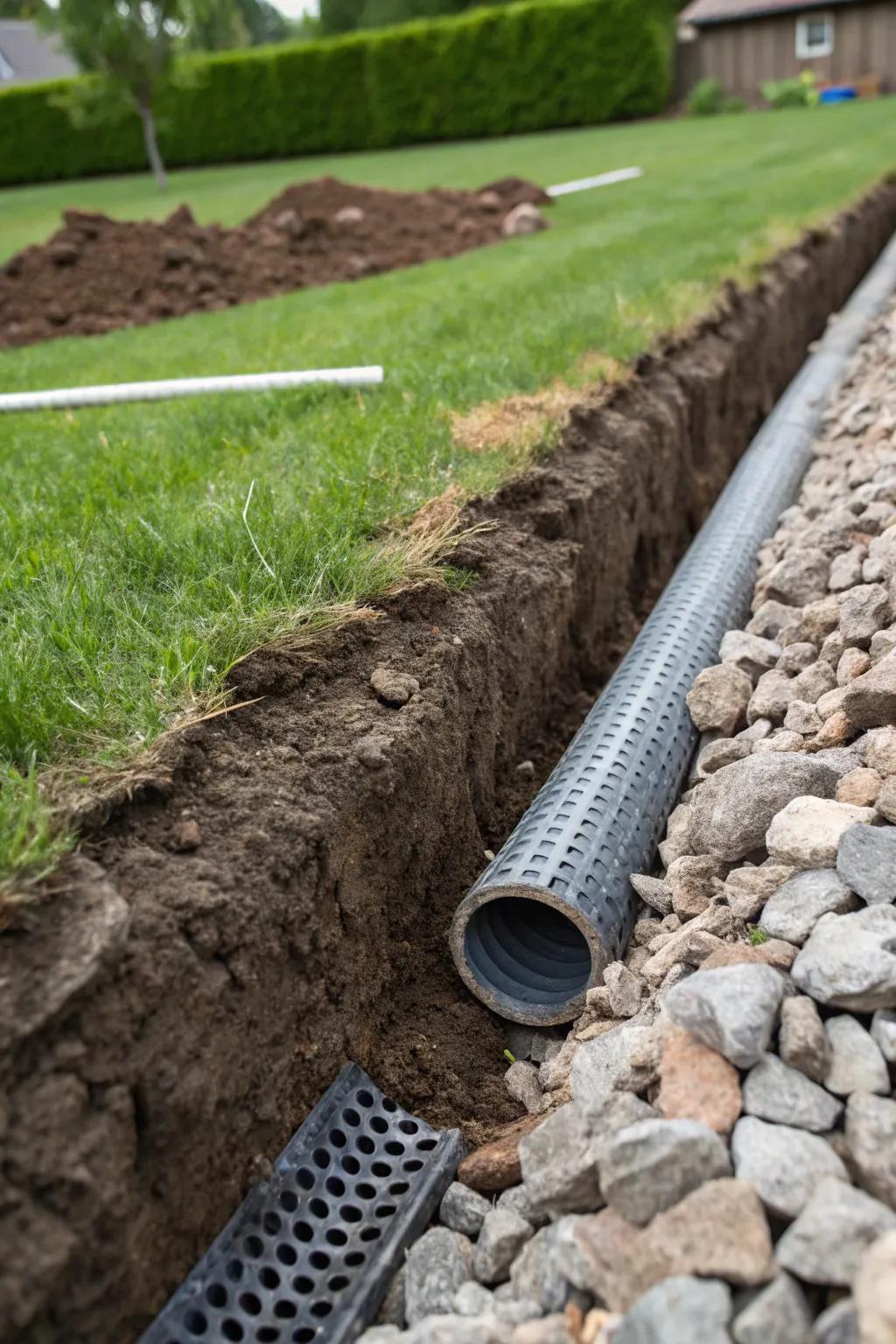 Master the art of yard drainage with a sleek and effective French drain solution.