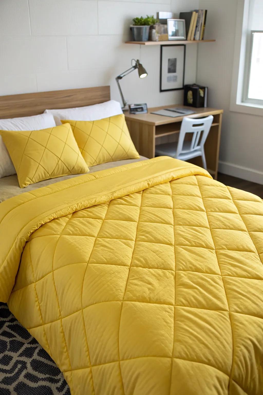 A vibrant yellow comforter instantly brightens up any dorm room.