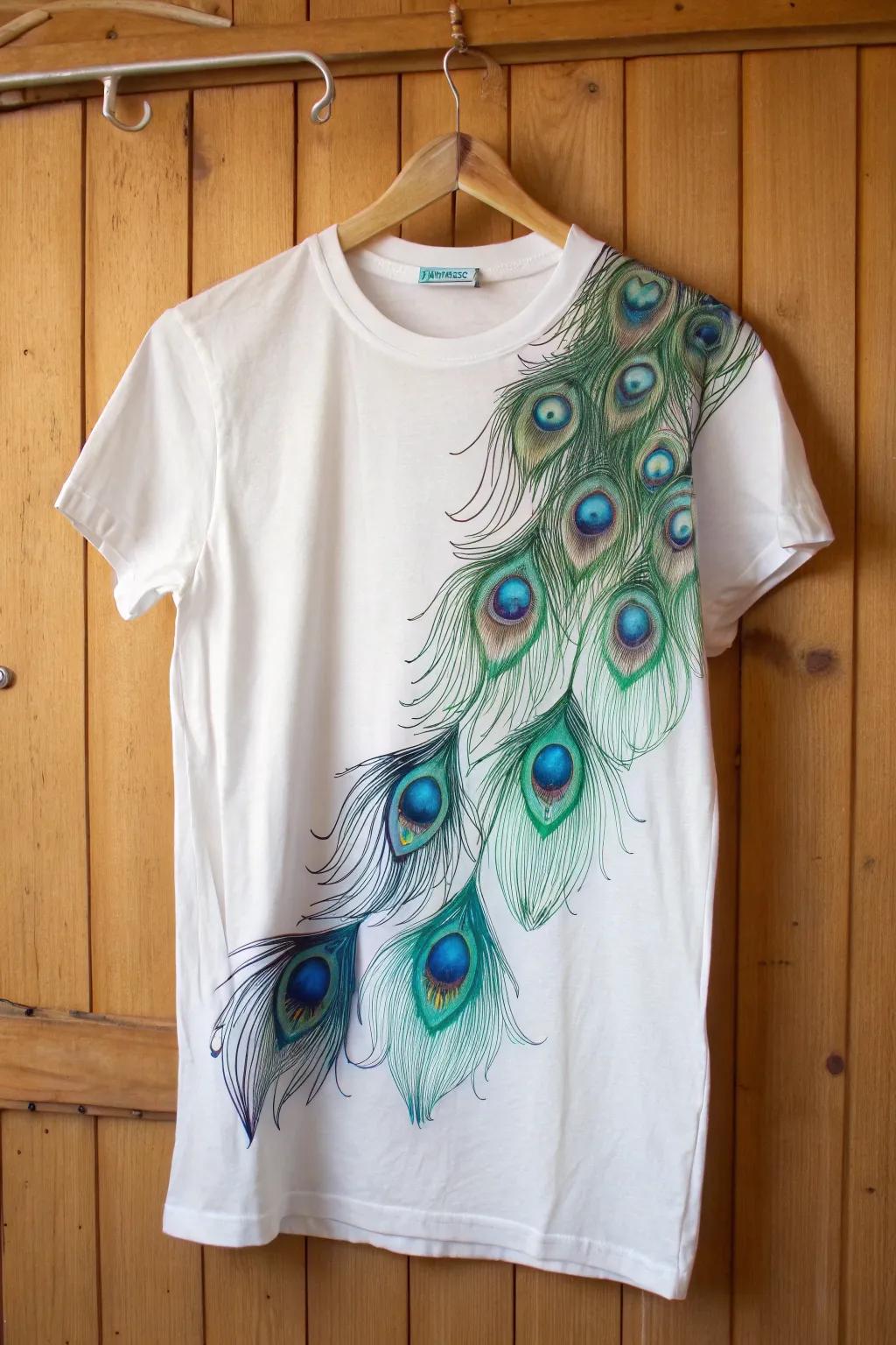 Crafted Elegance: A t-shirt transformed with 100 exquisite feathers for a look that dances with color and movement.