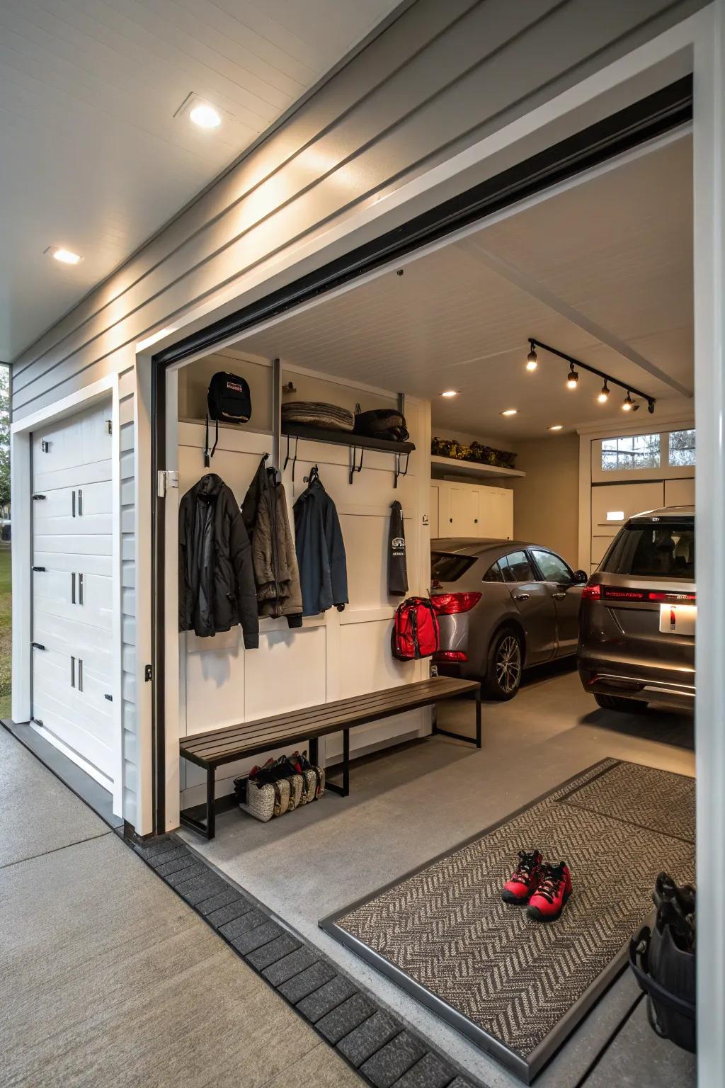 A mudroom in the garage keeps things tidy and organized.