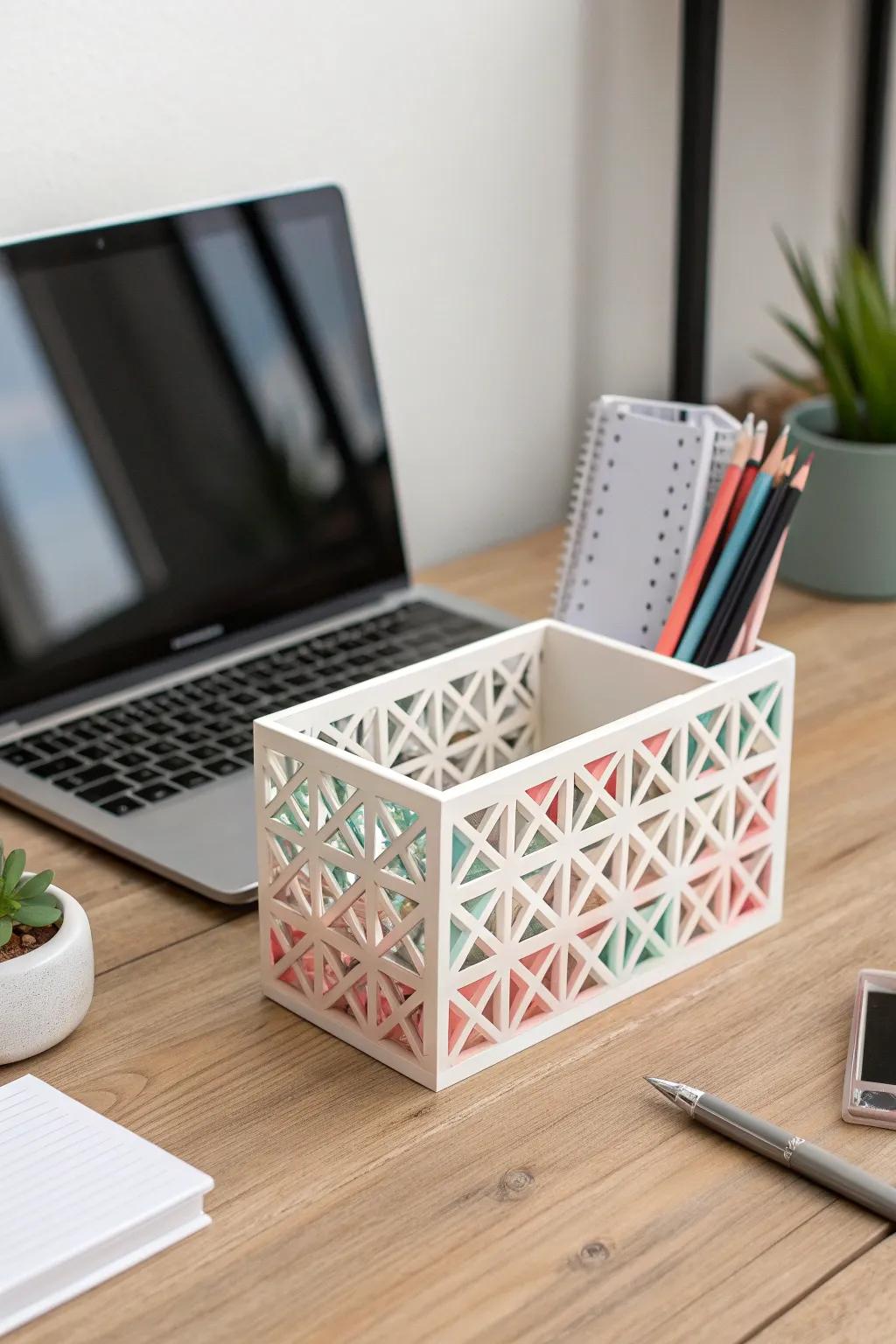 Add a splash of personality to your workspace with this beautifully crafted 3D printed desk organizer.