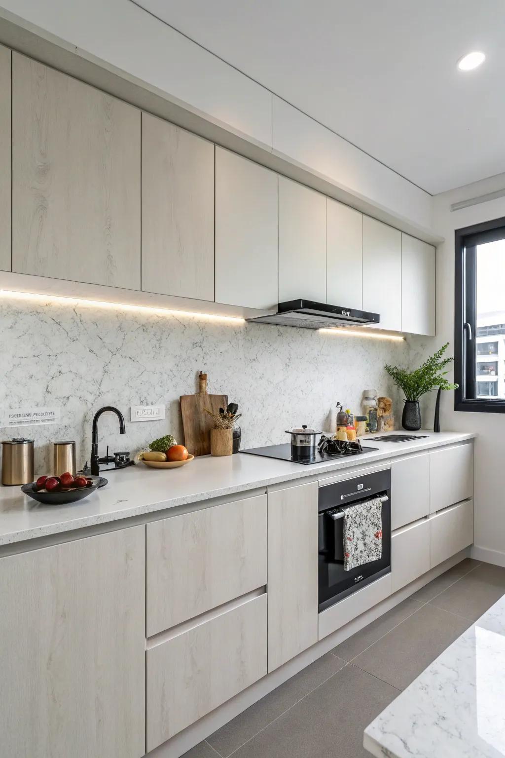 Solid color quartz keeps the kitchen design sleek and minimal.