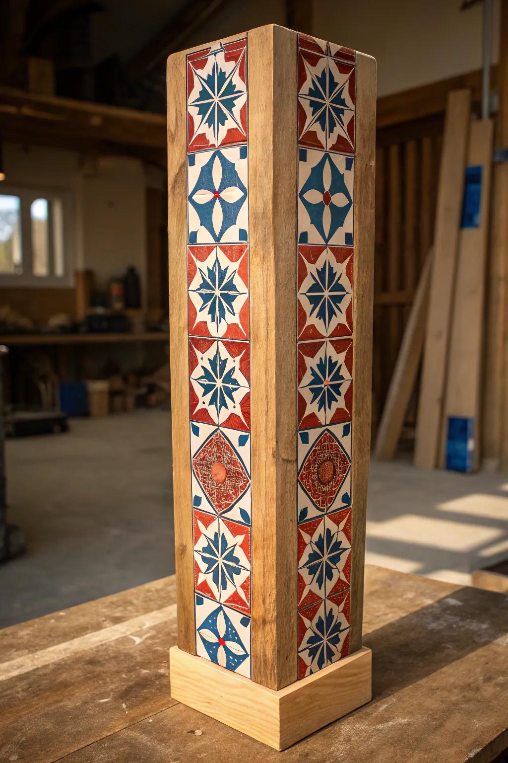 Transform your space with this striking geometric tile post wrap, where craftsmanship meets bold design.