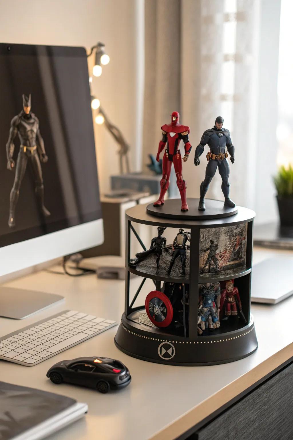 Rotating stands add motion and interest to figure displays.