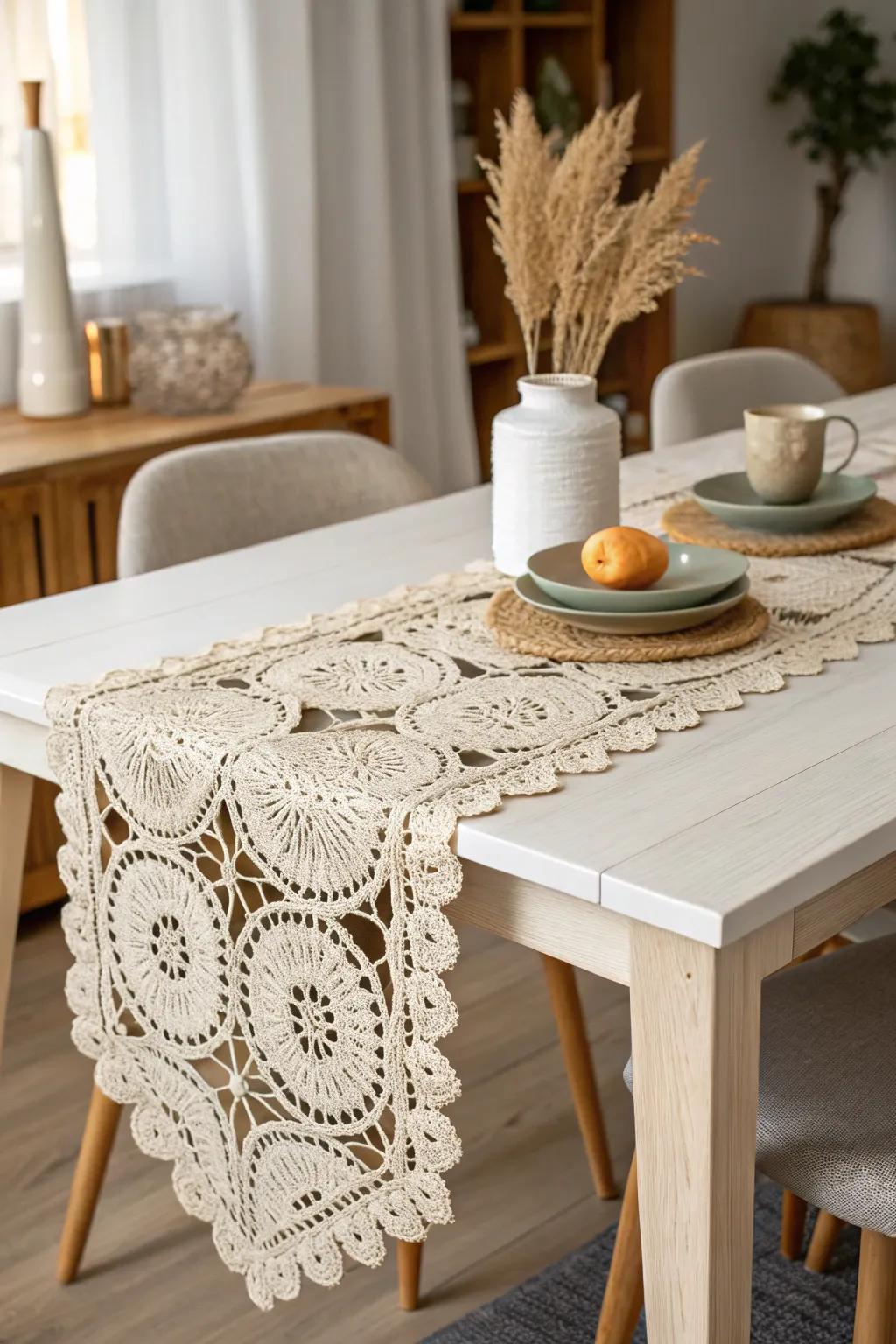 Transform your dining space with a romantic crochet table runner, where craftsmanship meets elegance.