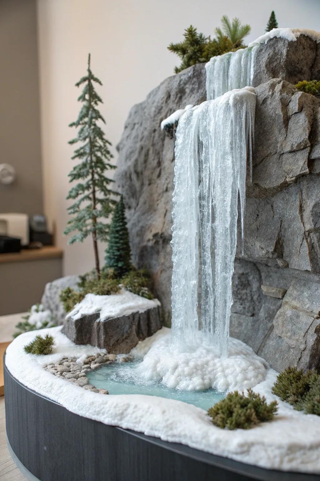 Embrace the serene beauty of a frozen waterfall in your diorama, where minimalist elegance meets the enchanting allure of ice.