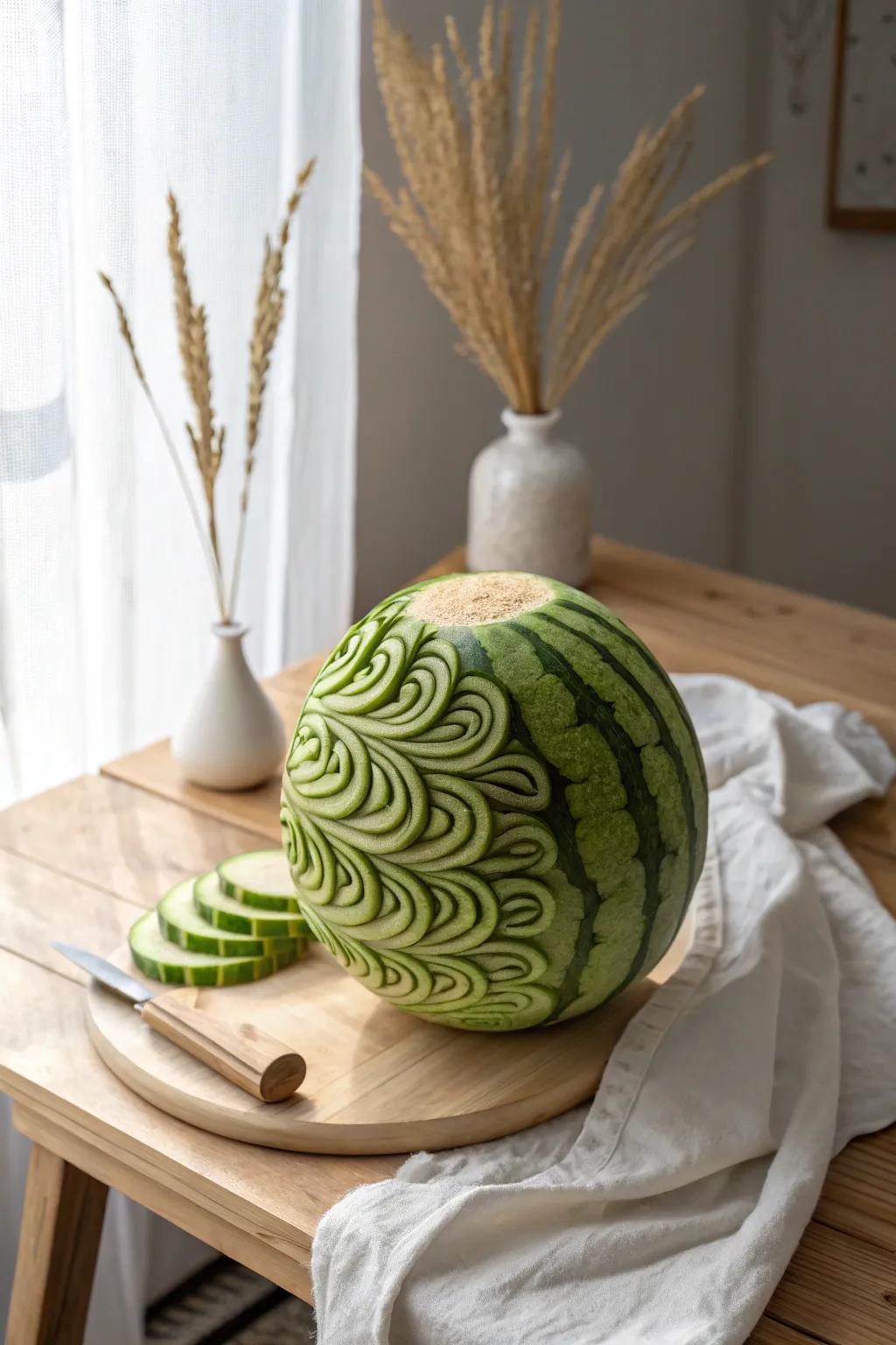 Ride the wave of creativity with this stunning watermelon carving! 🌊🍉 #ArtisticFruit #ScandiBoho
