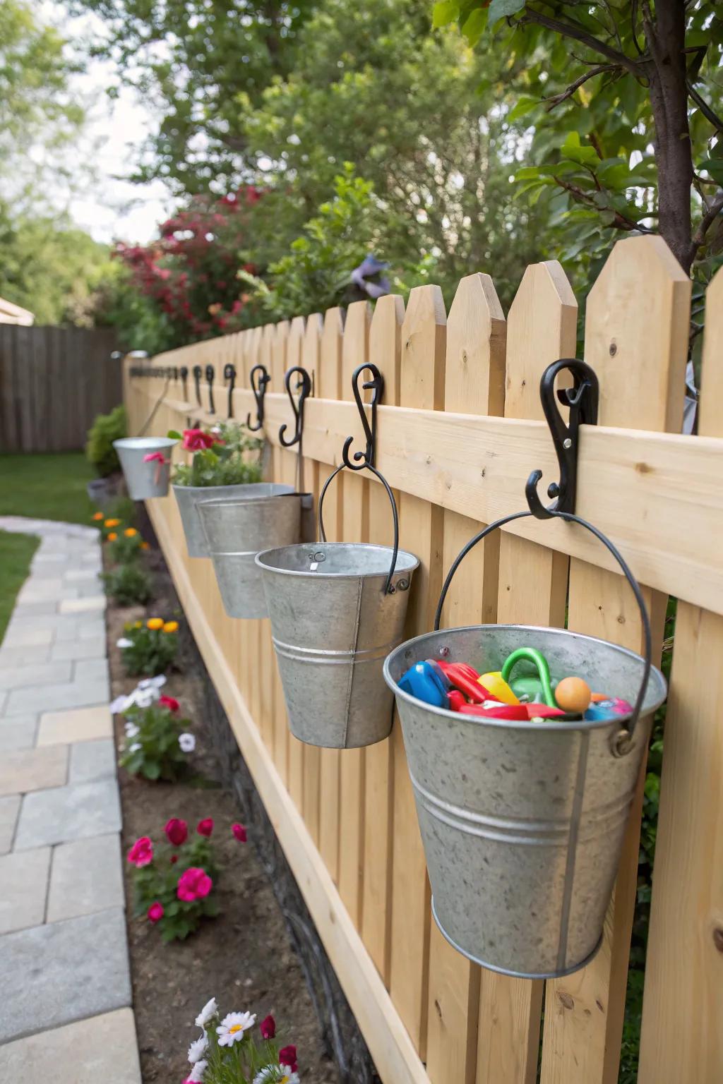 Elevate your backyard storage with minimalist hanging buckets—style meets functionality!
