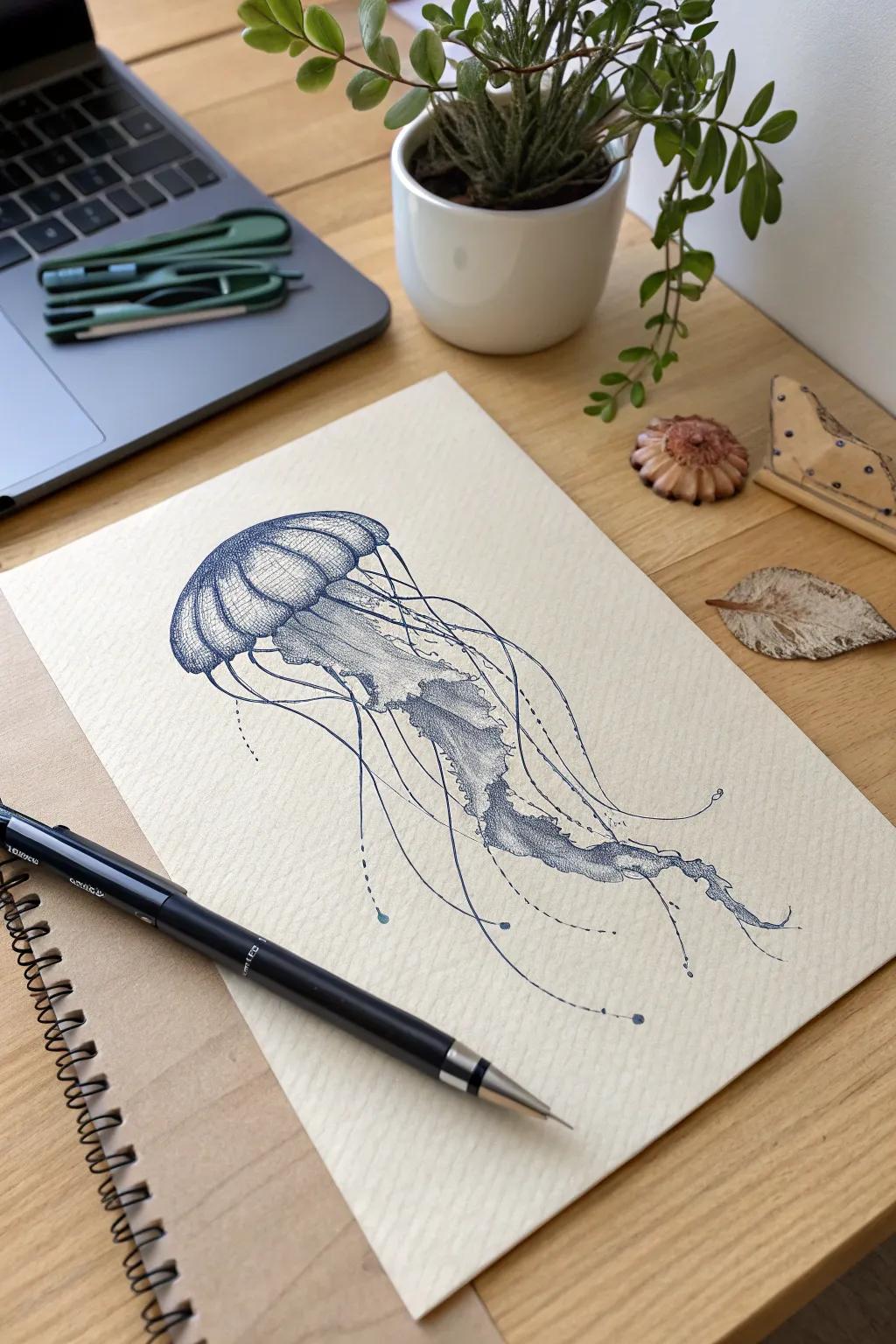 Capturing the ethereal elegance of a jellyfish through the art of ballpoint pen drawing.