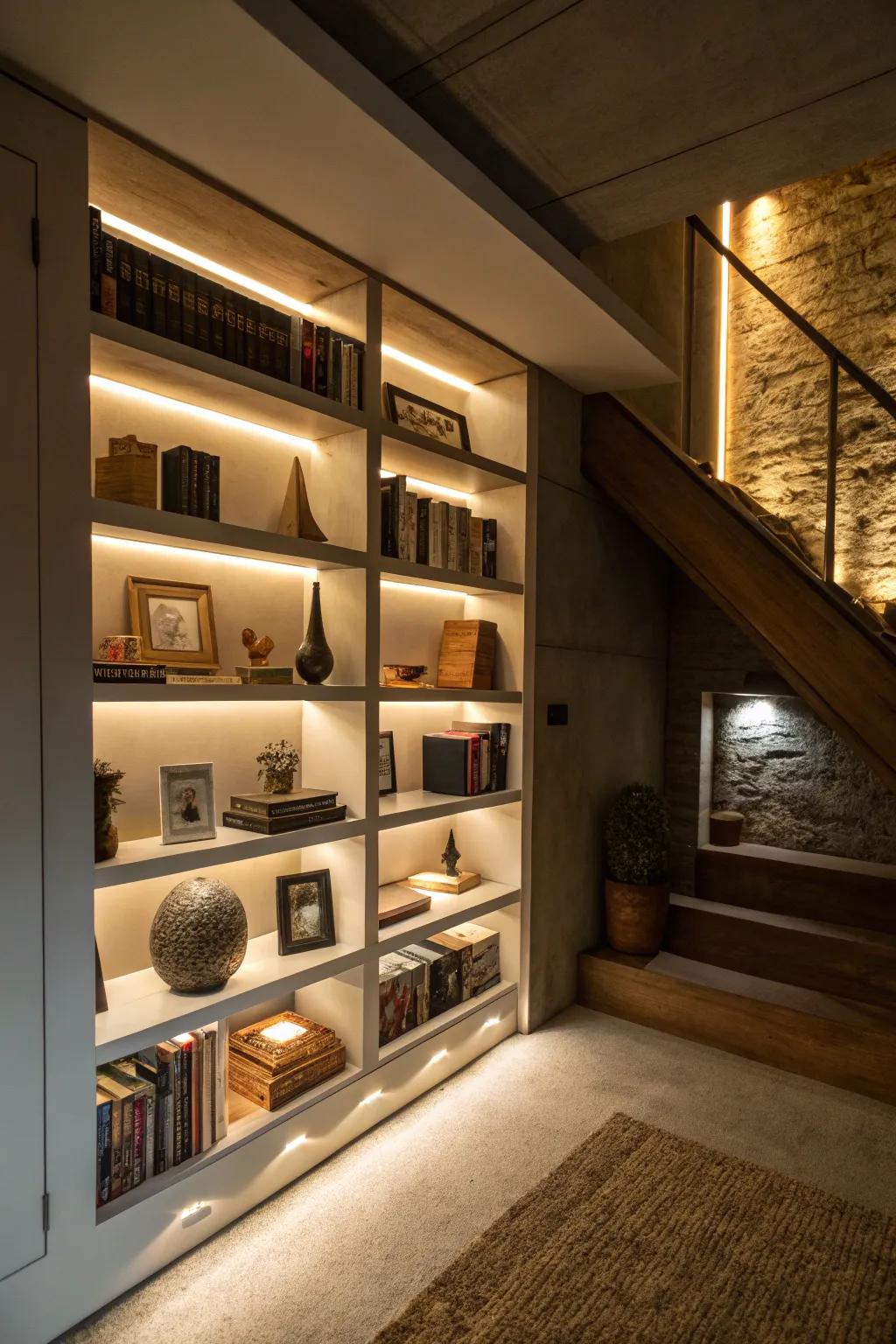 Underlit shelves add drama and depth.
