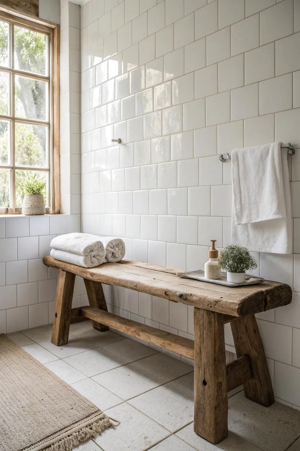 Elevate your bathroom remodel with a touch of rustic elegance: blend smooth tiles with natural wood textures.