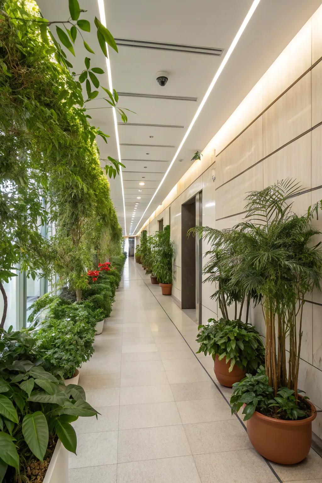 Plants introduce freshness and life into the hallway.
