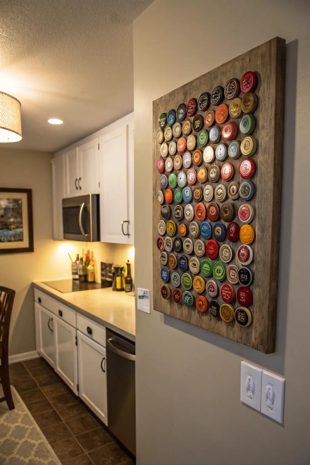 Beer cap art adds a creative flair to your decor.
