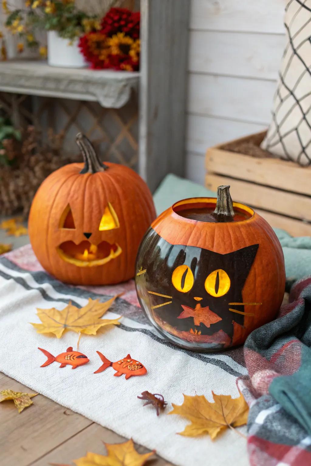 A playful cat and fishbowl scene created with pumpkins.