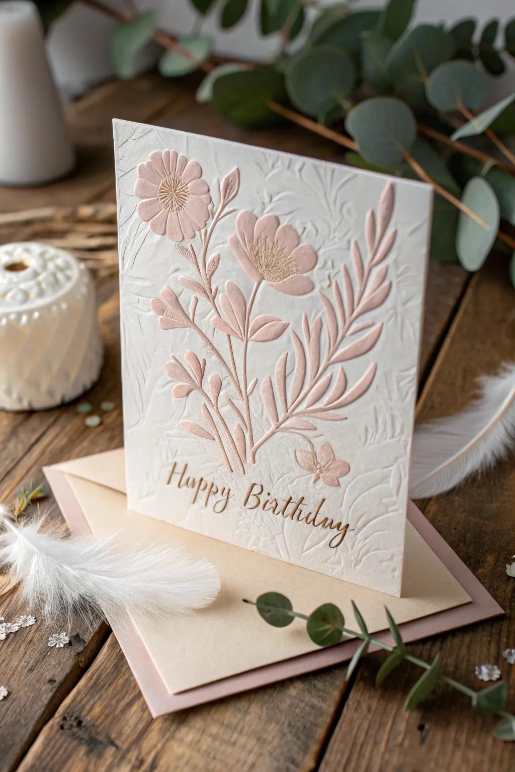 Elevate your birthday wishes with embossed elegance, blending simplicity and natural beauty.