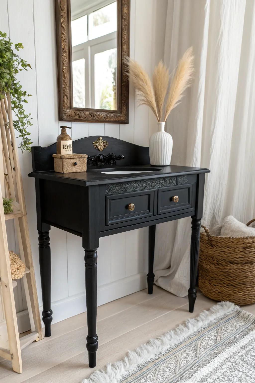 Transform your space with a chic black painted vanity that blends Scandinavian simplicity with Boho elegance.