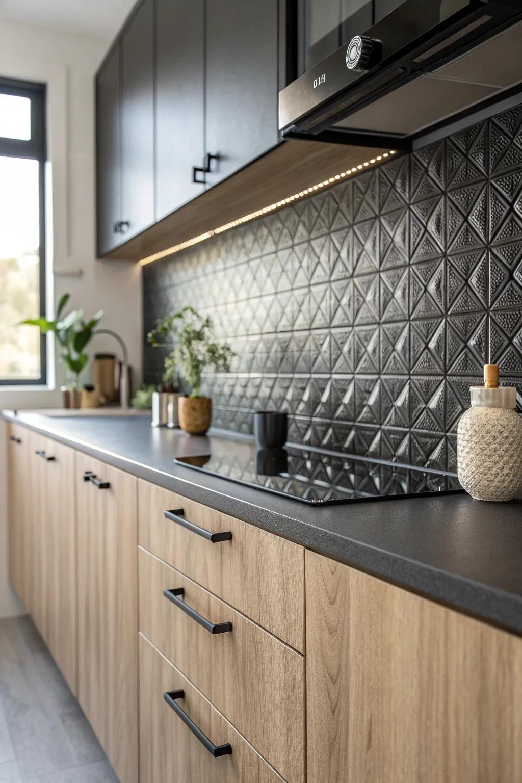 Bring industrial allure to your kitchen with a stunning black metal-effect backsplash. Perfect for those who love a touch of city chic in their home.