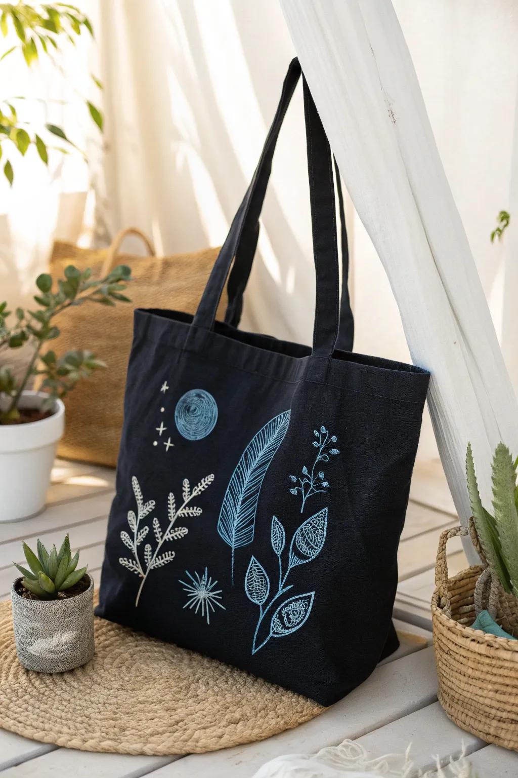 Discover the elegance in simplicity with monochrome magic: a beautifully painted tote bag in shades of blue.