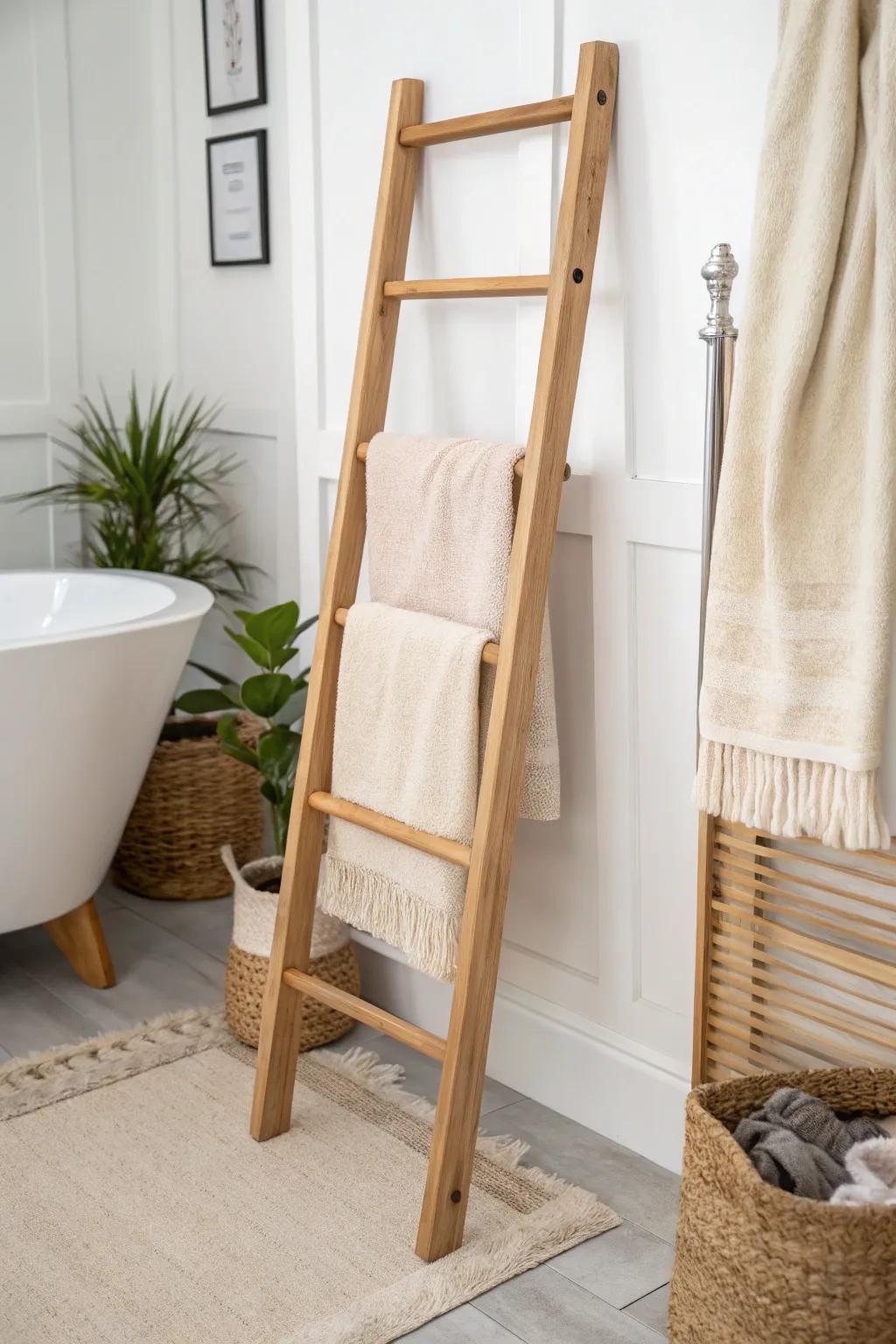 Elevate your bathroom style with a chic ladder towel rack—where simplicity meets functionality. 🌿✨
