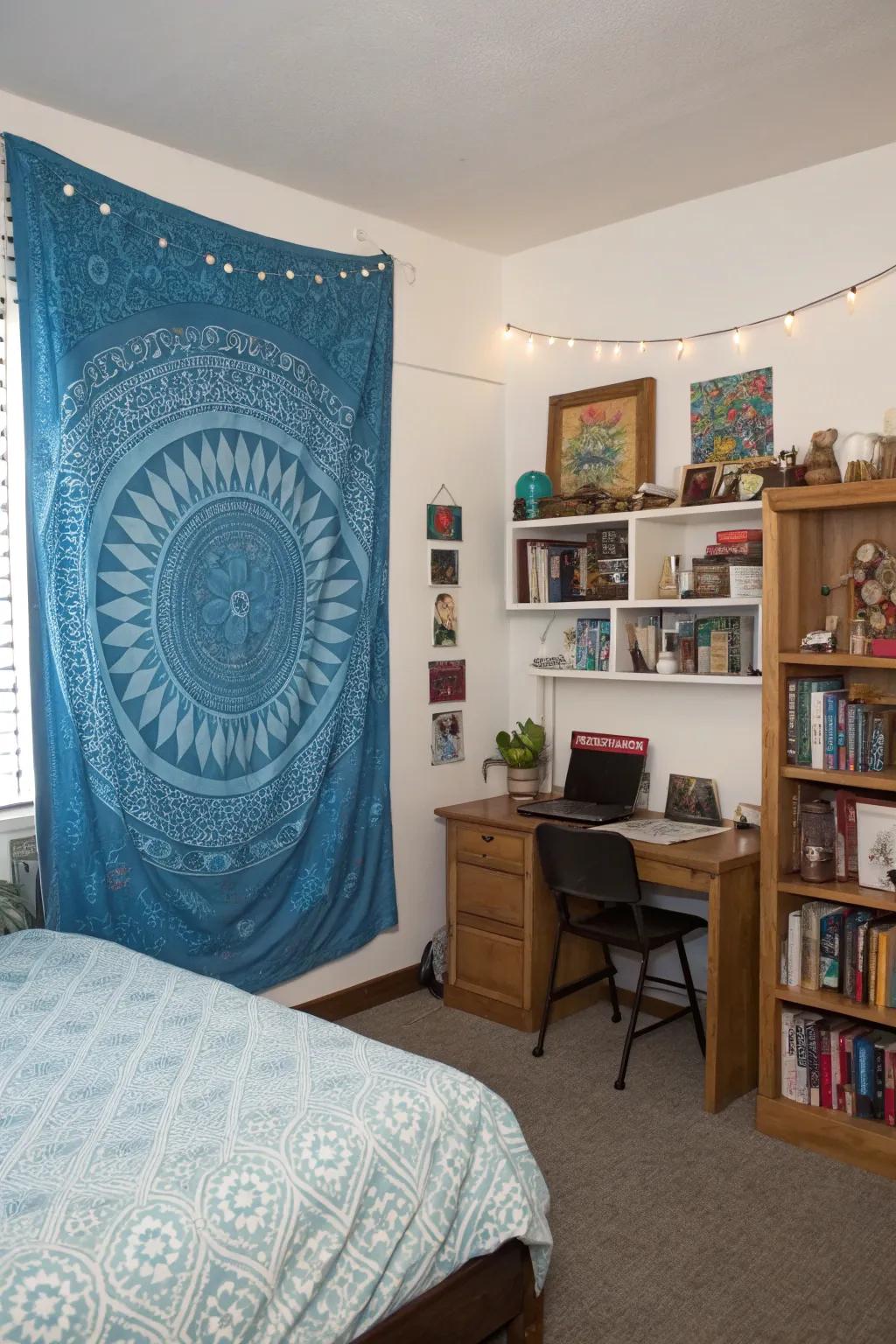 A blue tapestry adds a bohemian touch to your room.