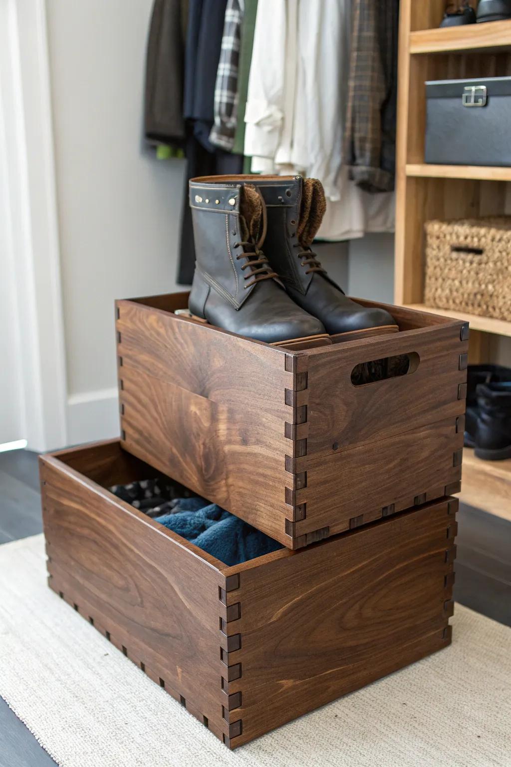 Elevate your boot organization with artisan-crafted stackable storage boxes.