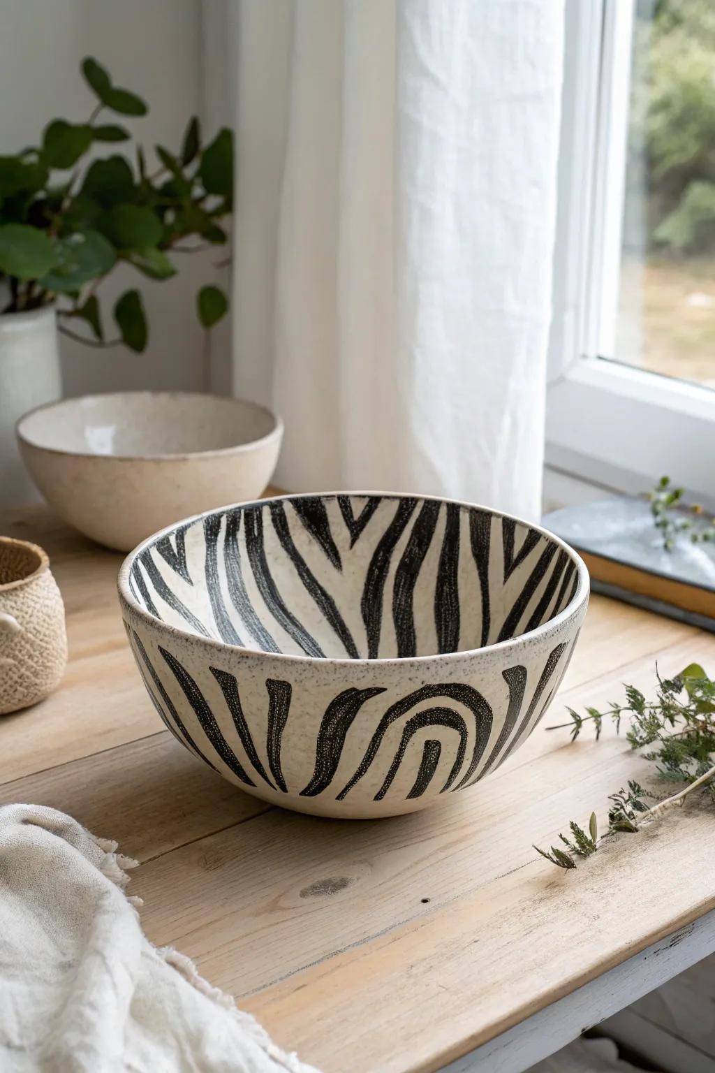Unleash your wild side with elegant animal prints. This zebra-striped bowl brings a chic touch to your minimalist decor.