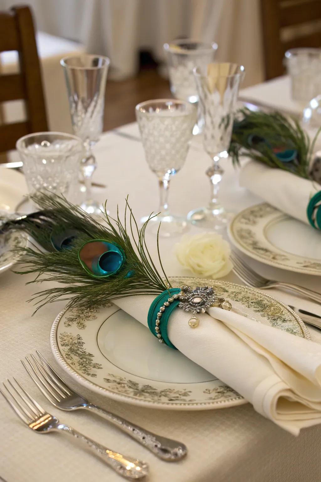 An elegant table setting enhanced by the colorful beauty of peacock feathers.