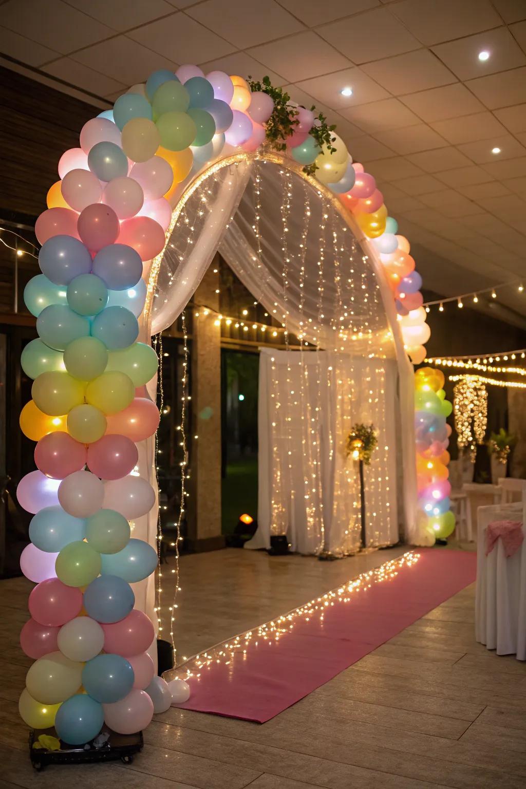 A whimsical balloon arch with enchanting fairy lights.