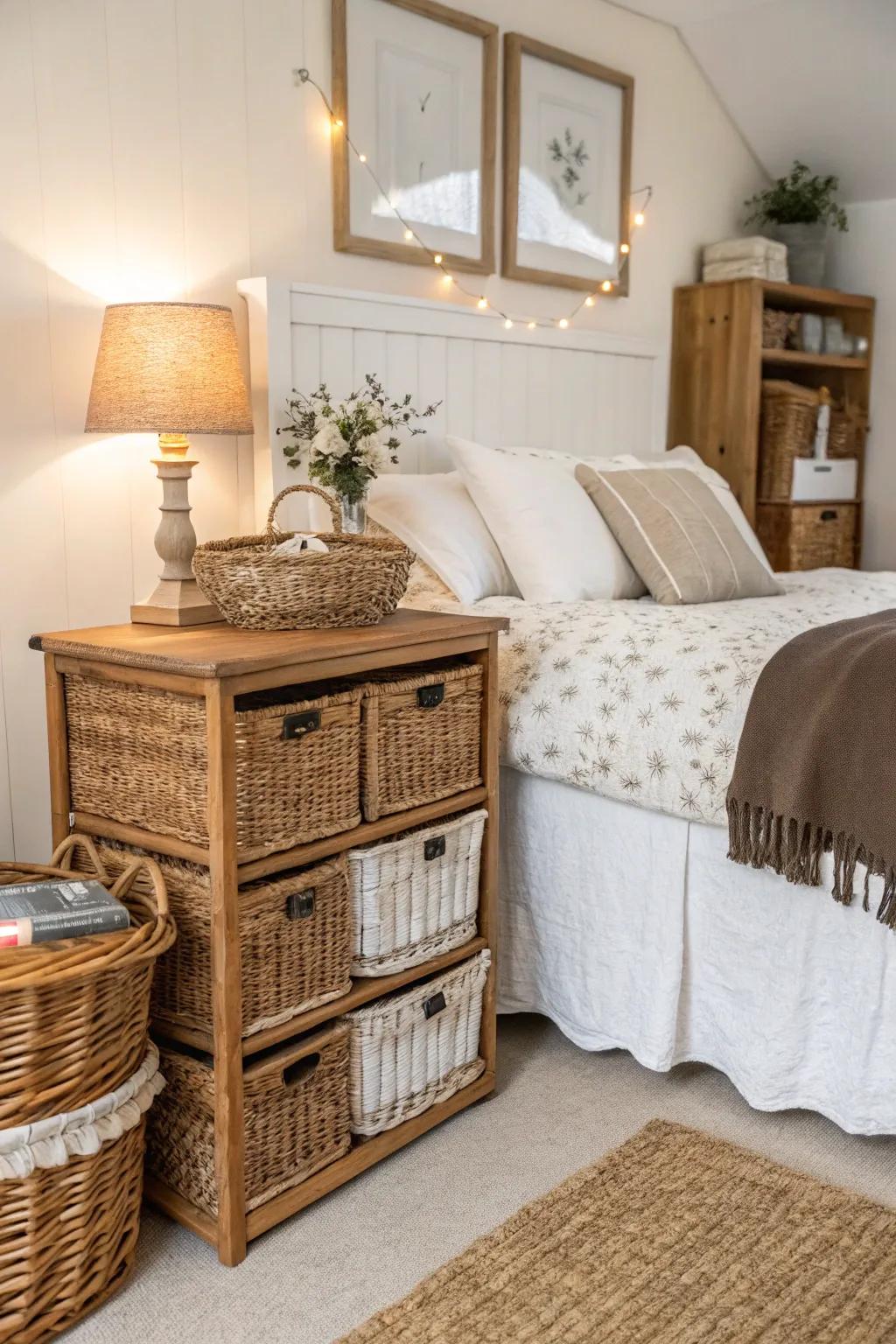 Wicker baskets offer rustic charm and organization.