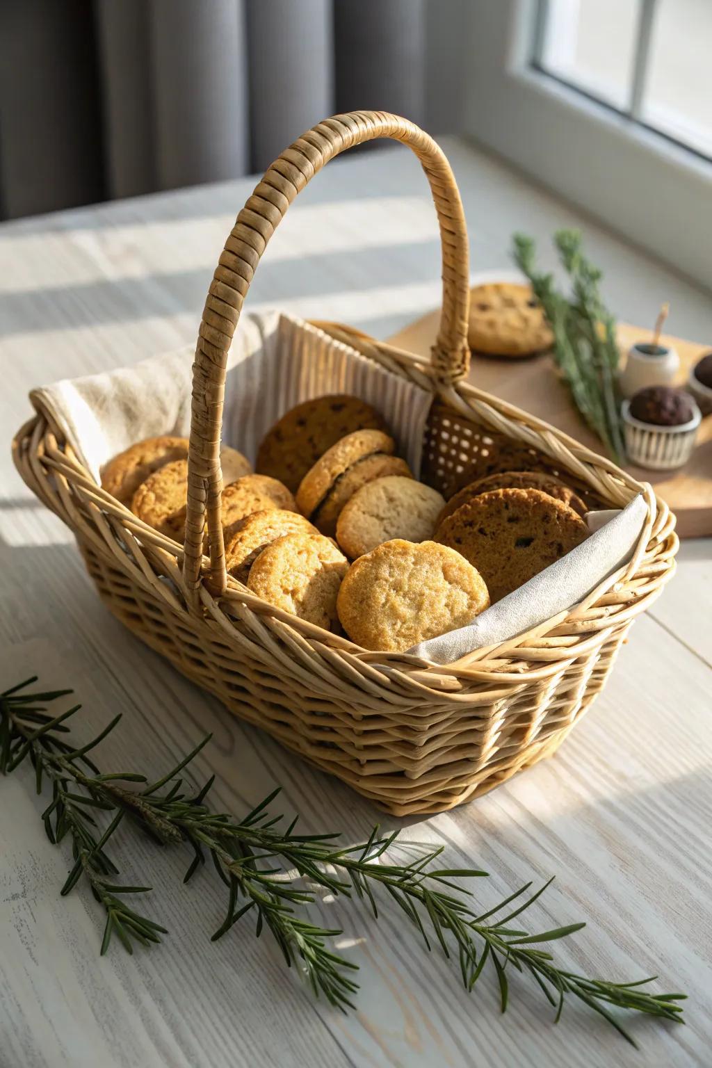 Indulge in the simple pleasure of homemade cookies, elegantly nestled in a handcrafted basket.