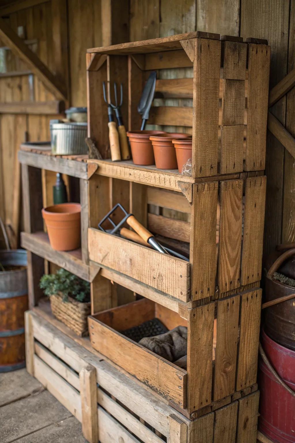 Transform your shed with handcrafted stackable crate shelves – the perfect blend of function and style for your gardening needs.