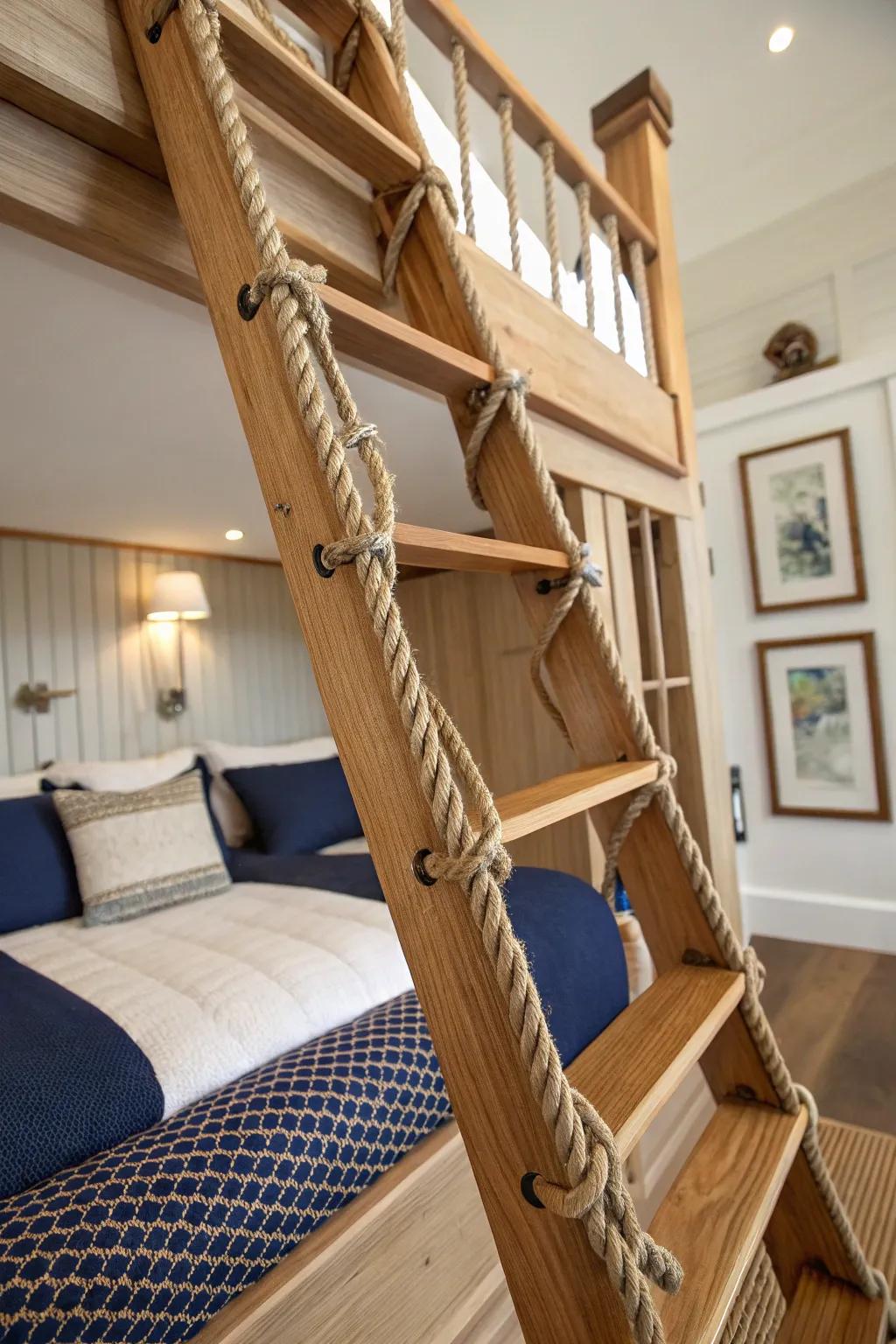 Elevate your space with this artisanal wood and rope ladder, where style meets practicality.