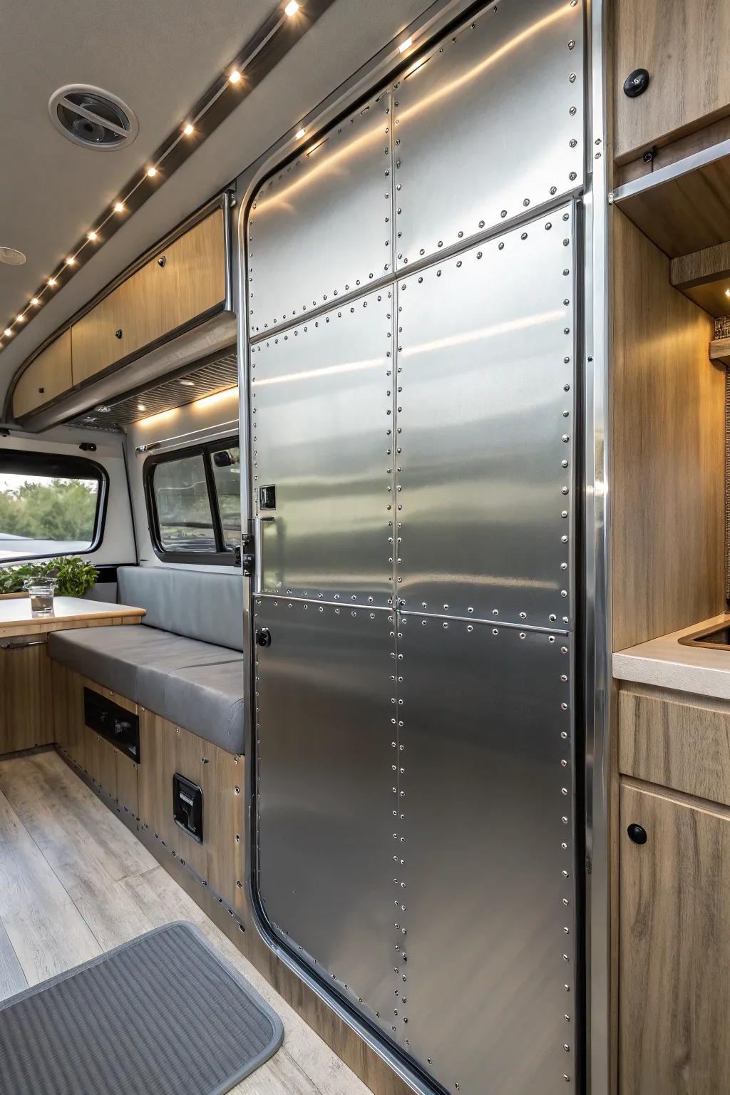 Elevate your campervan style with these sleek metallic finish panels, where modern design meets effortless elegance.