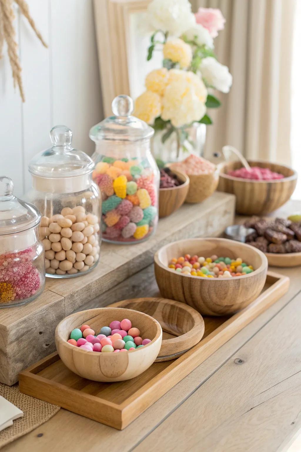 Elevate your candy booth with sustainable elegance: repurposed jars and bowls for the perfect blend of style and eco-friendliness.