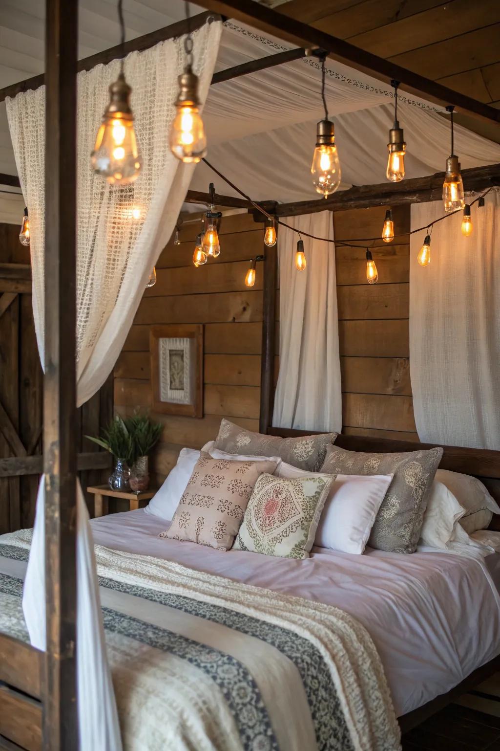Edison bulbs add rustic charm and warmth to your canopy bed.