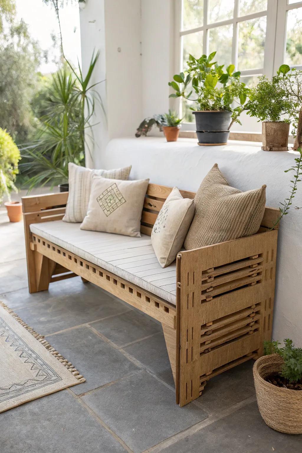 Elevate your space with sustainable elegance: Discover the charm of upcycled cardboard benches.