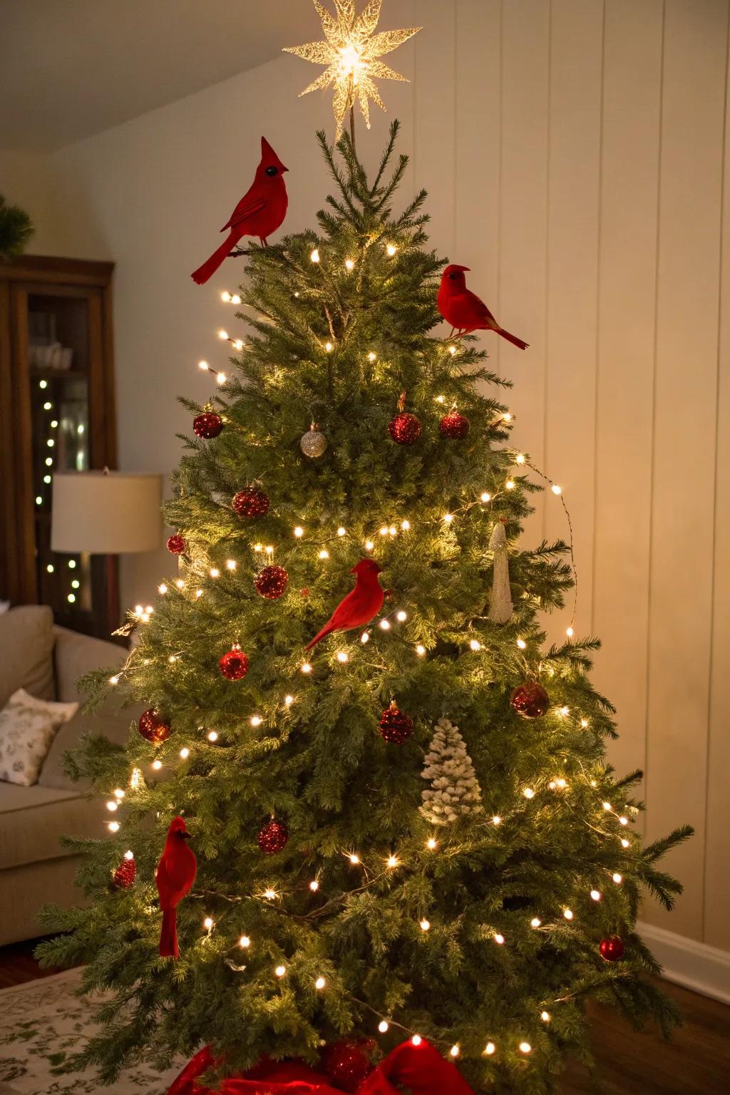 Warm lights create a cozy glow around cardinals.