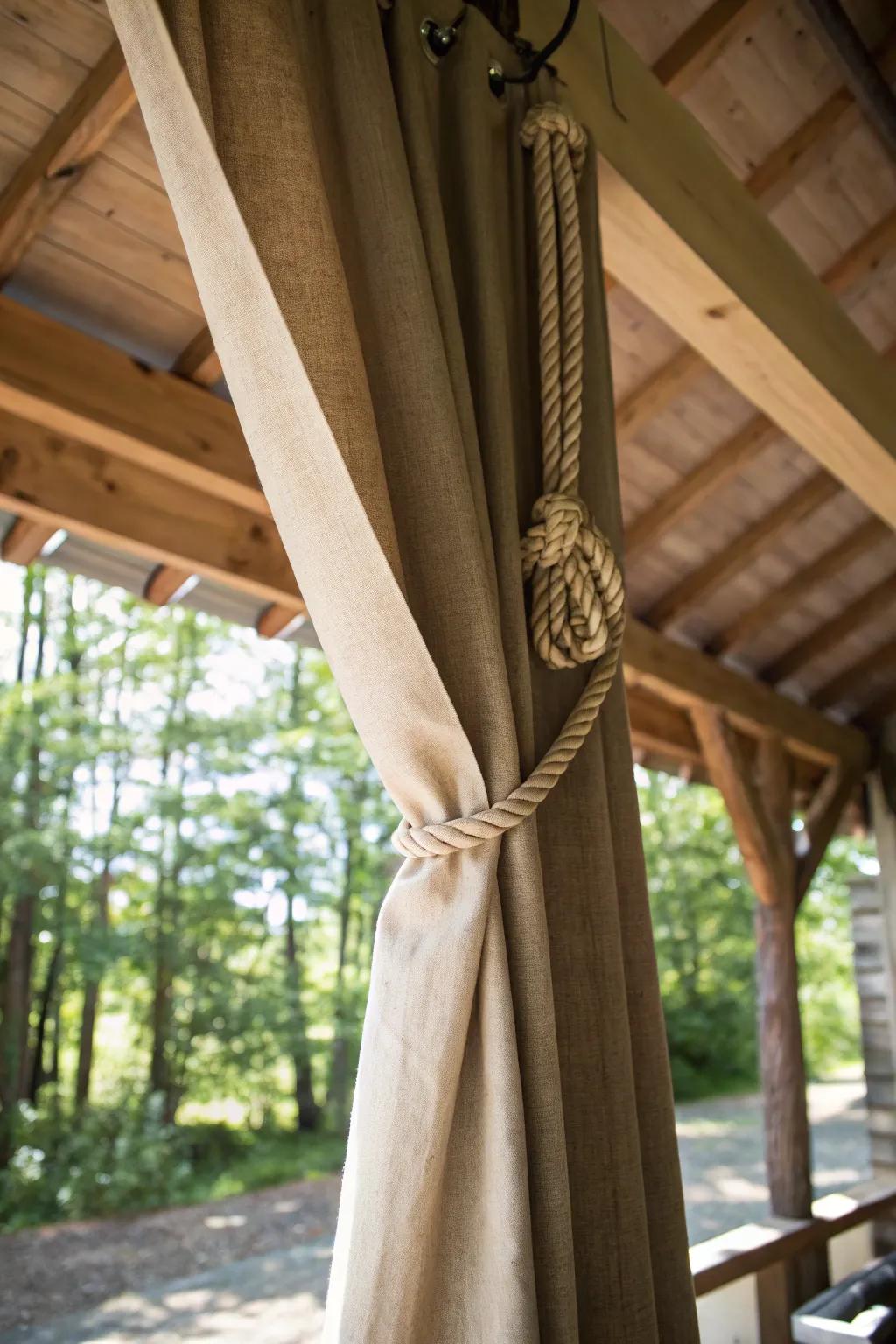 Elevate your carport with rustic charm using beautifully crafted tie-top curtains.