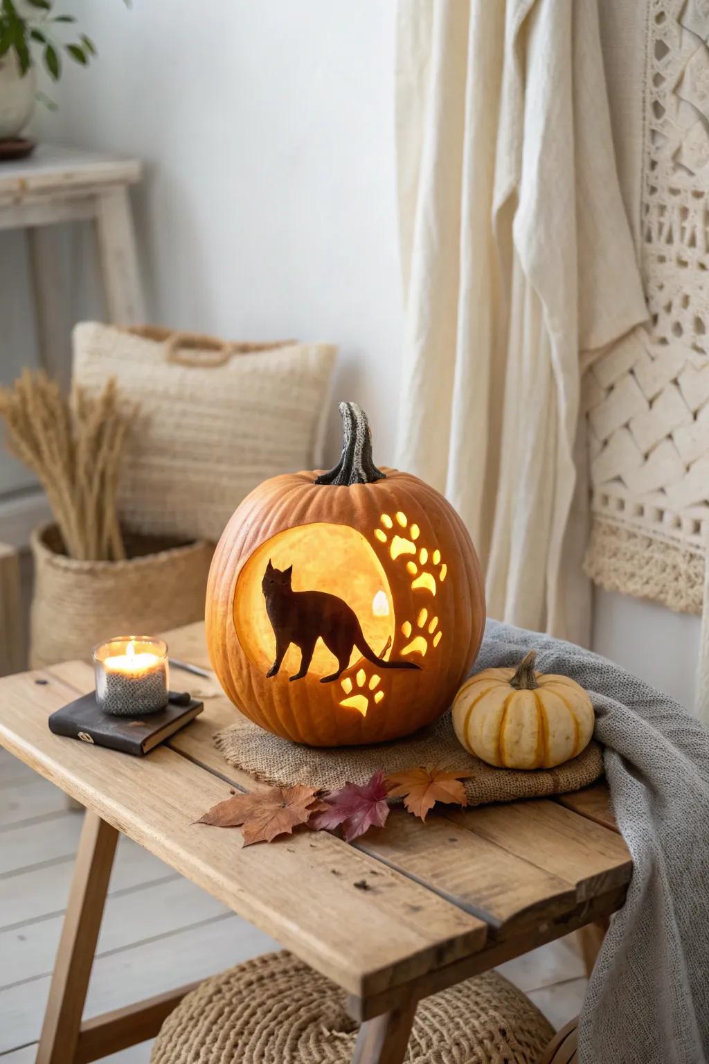 Embrace the charm of autumn with this enchanting cat silhouette pumpkin carving, perfect for adding a whimsical touch to your seasonal decor.