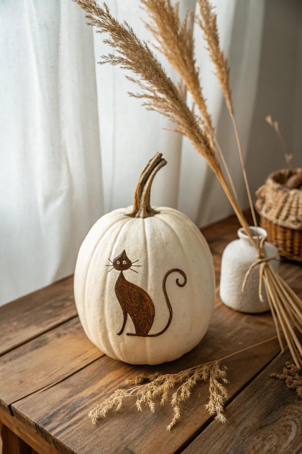 Add a playful twist to your decor with this charming curled tail cat pumpkin carving!