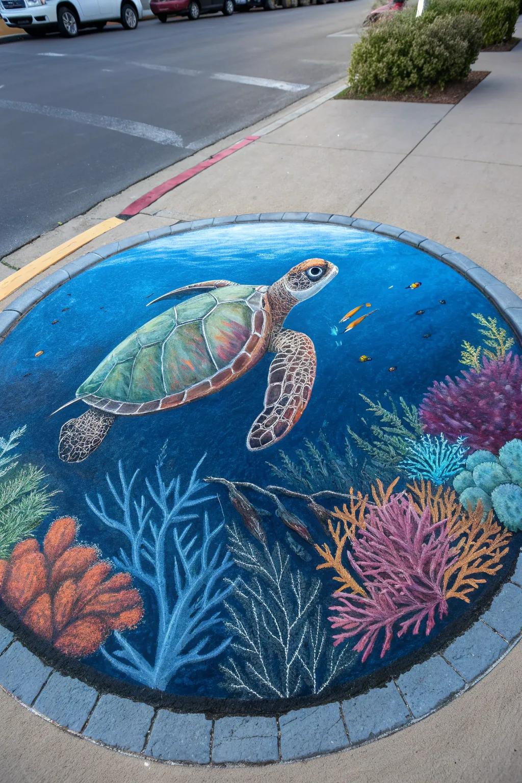 Dive into serenity with this stunning underwater chalk art masterpiece.